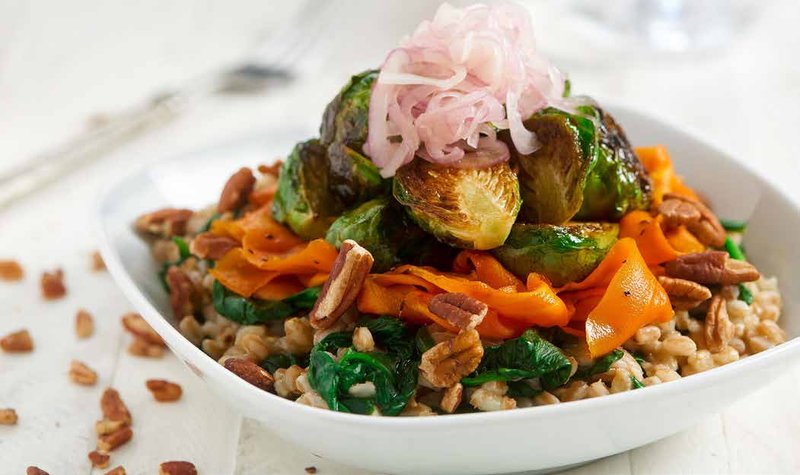 Balsamic-Honey Brussels and Farro Bowl
