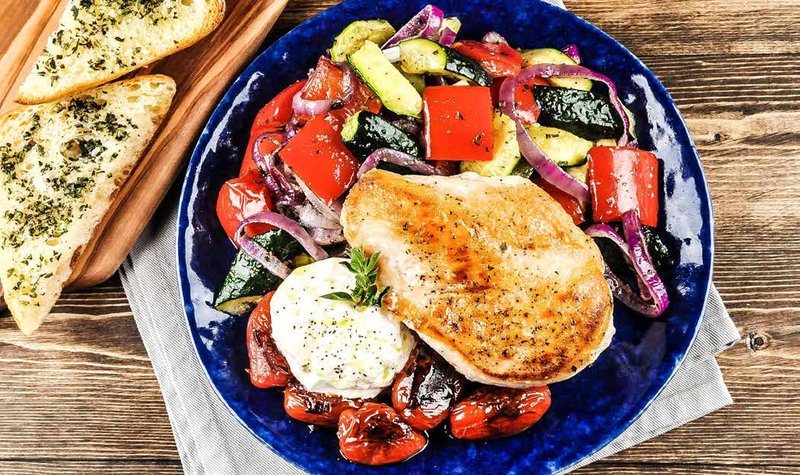 Chicken with Burrata Cheese, Charred Tomatoes,