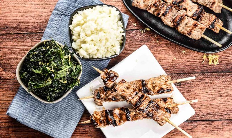 Spicy Jerked Pork Skewers with Coconut Cauliflower